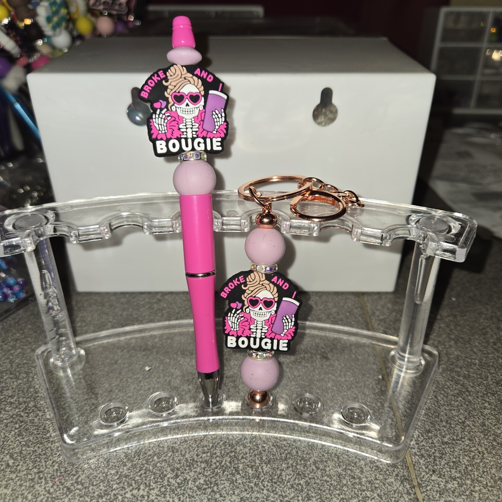 Pink 'Broke and Bougie' Pen and Keychain Set
